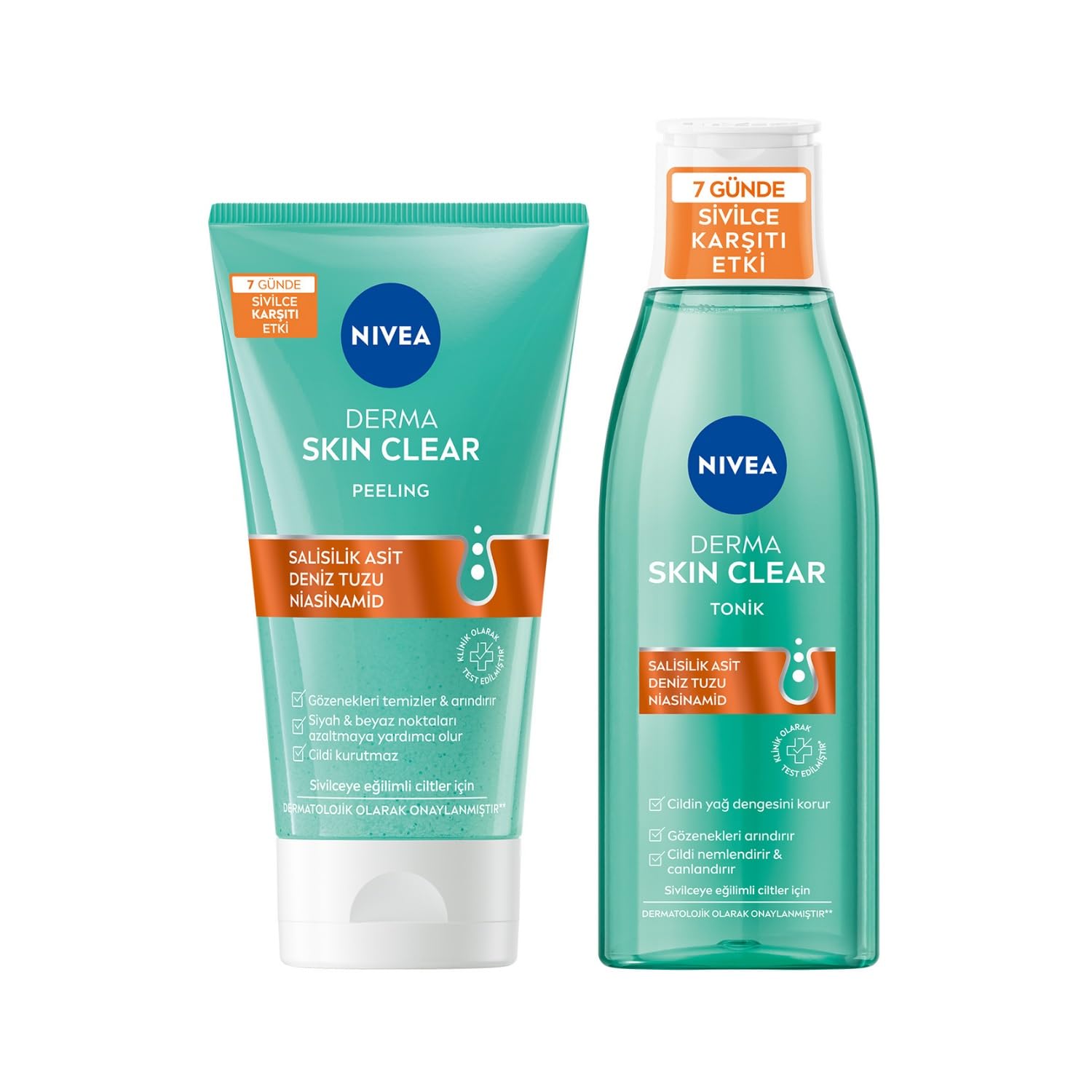 NIVEA Derma Skin Clear Sivilce Karşıtı Yüz Temizleyici Peeling 150 ml X2 + NIVEA Derma Skin Clear Sivilce Karşıtı Tonik 200 ml