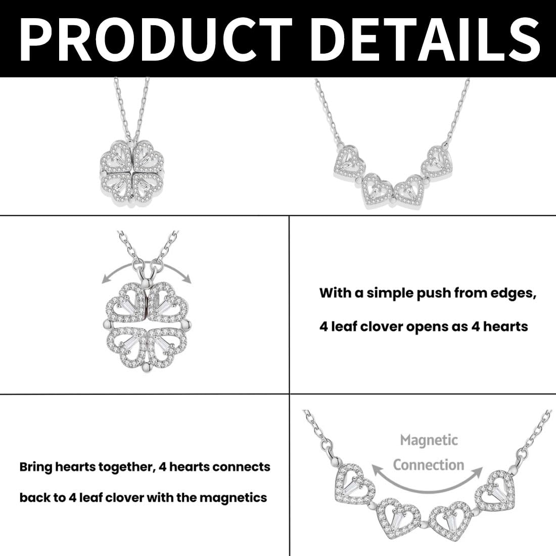 YUUSIKCO Collana a Forma di Quadrifoglio - Gioielli da Donna in Argento 925 Con Zirconi, Ciondolo a Forma di Cuore, 4 Cuori, Portafortuna
