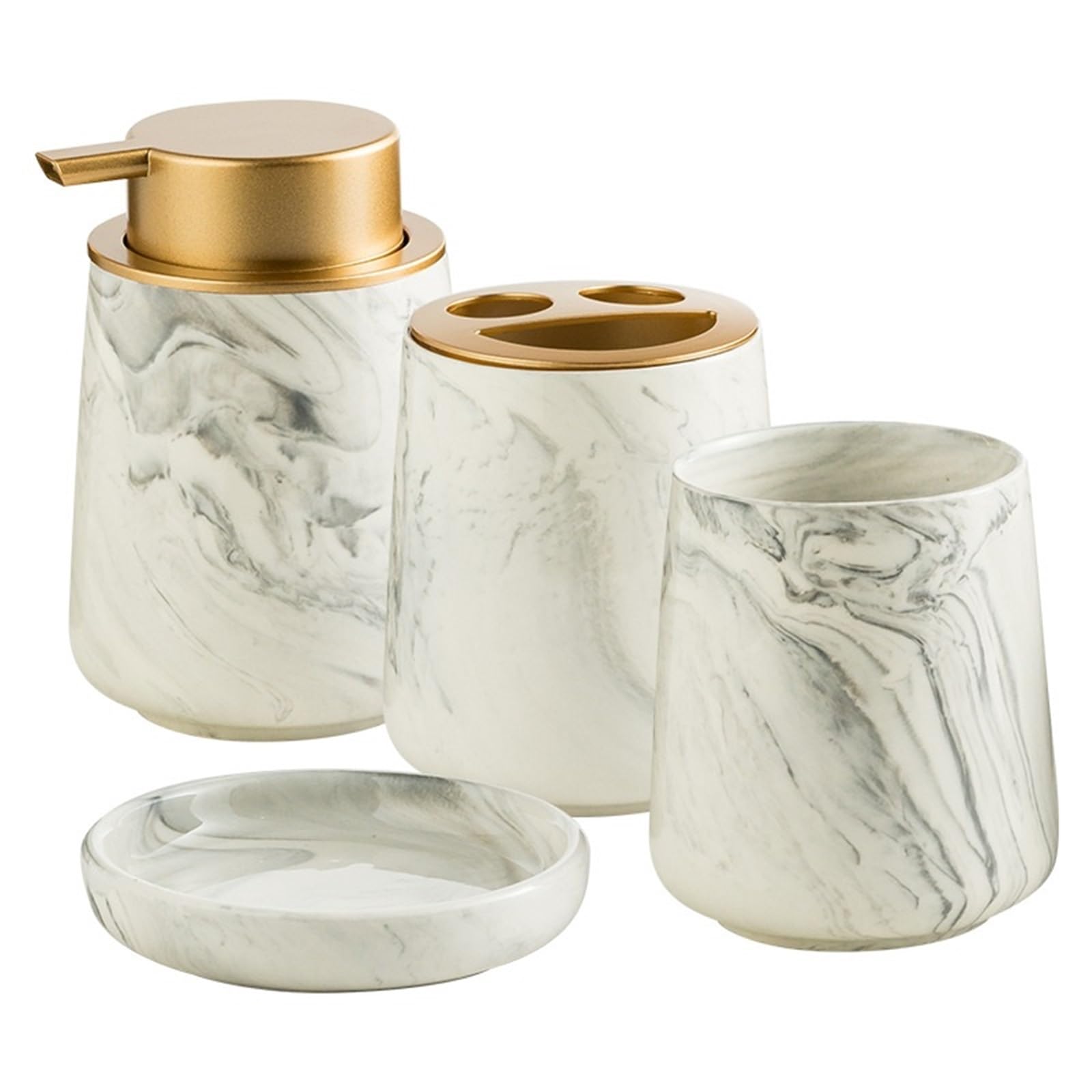 Dozownik płynu do mycia naczyń, ceramiczny z marmurowym wzorem, czteroczęściowy zestaw, lekki luksusowy dozownik mydła do łazienki (Grigio)