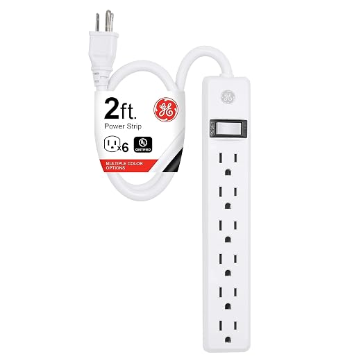 GE 6-Outlet Power Strip, 2 Ft Extension Cord, Heavy Duty Plug, Grounded, Integrated Circuit Breaker, 3-Prong, Wall Mount, UL Listed, White, 14830