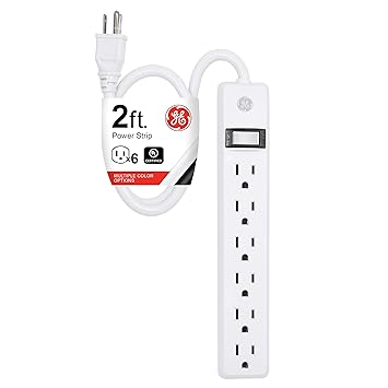 GE 6-Outlet Power Strip, 2 ft Cord, Power Switch, Integrated Circuit Breaker, Overload Protection, 15A, 1800W, UL Listed, White, 14830
