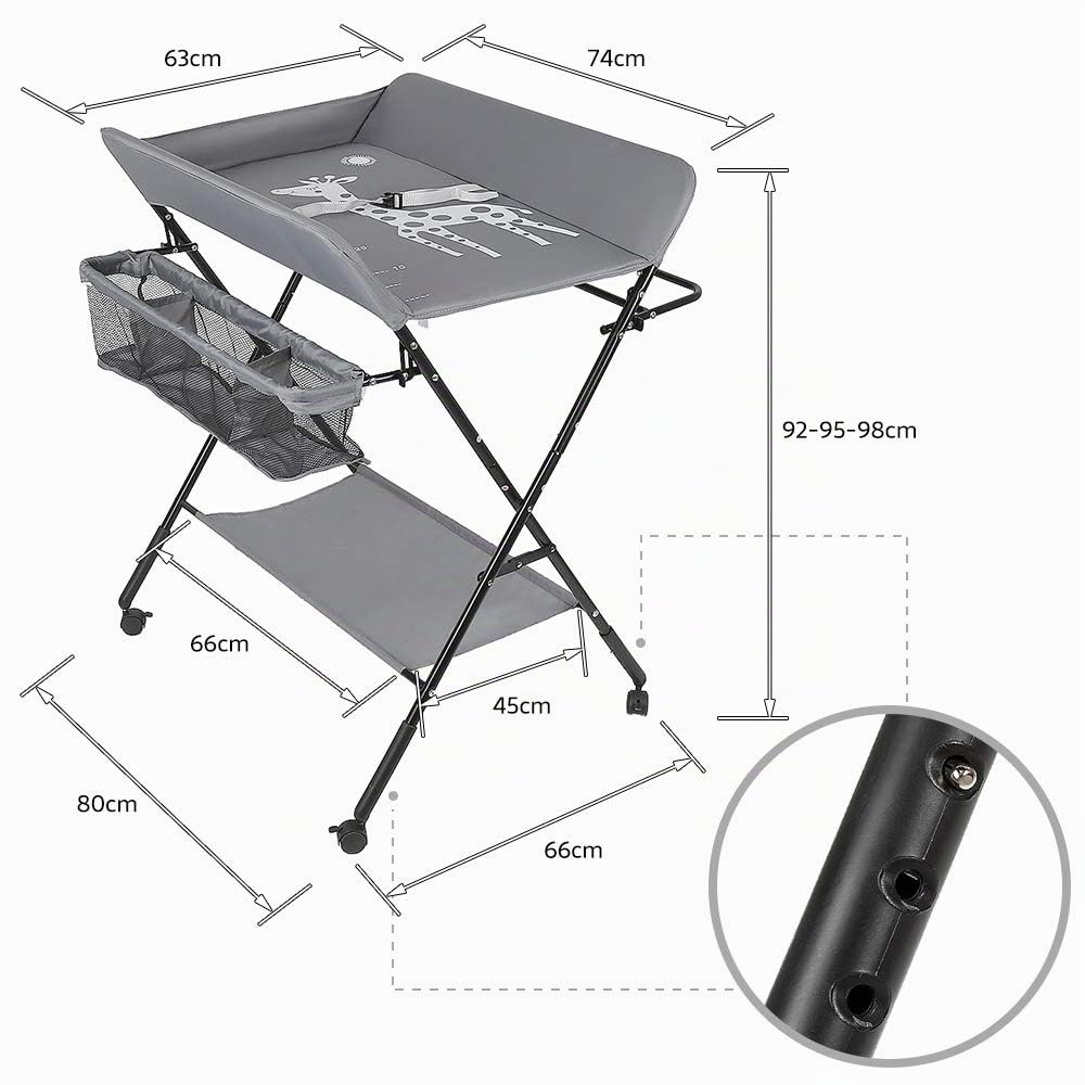 HUOLE - Cambiador plegable para bebé, portátil, cambiador plegable y portátil, con cesta de almacenamiento lateral, carga máxima de 25 kg, 80 x 66 x 98 cm (rojo)