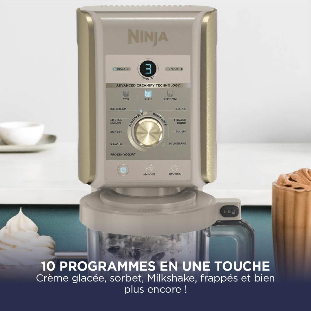 Ninja CREAMi Deluxe Machine a glace et sorbetière, 2 bacs, 10 fonctions, crème glacée, yaourts glacés, des milkshakes, des slush, Pièces amovibles lavables au lave-vaisselle, Stone/Or NC502EUSTGD
