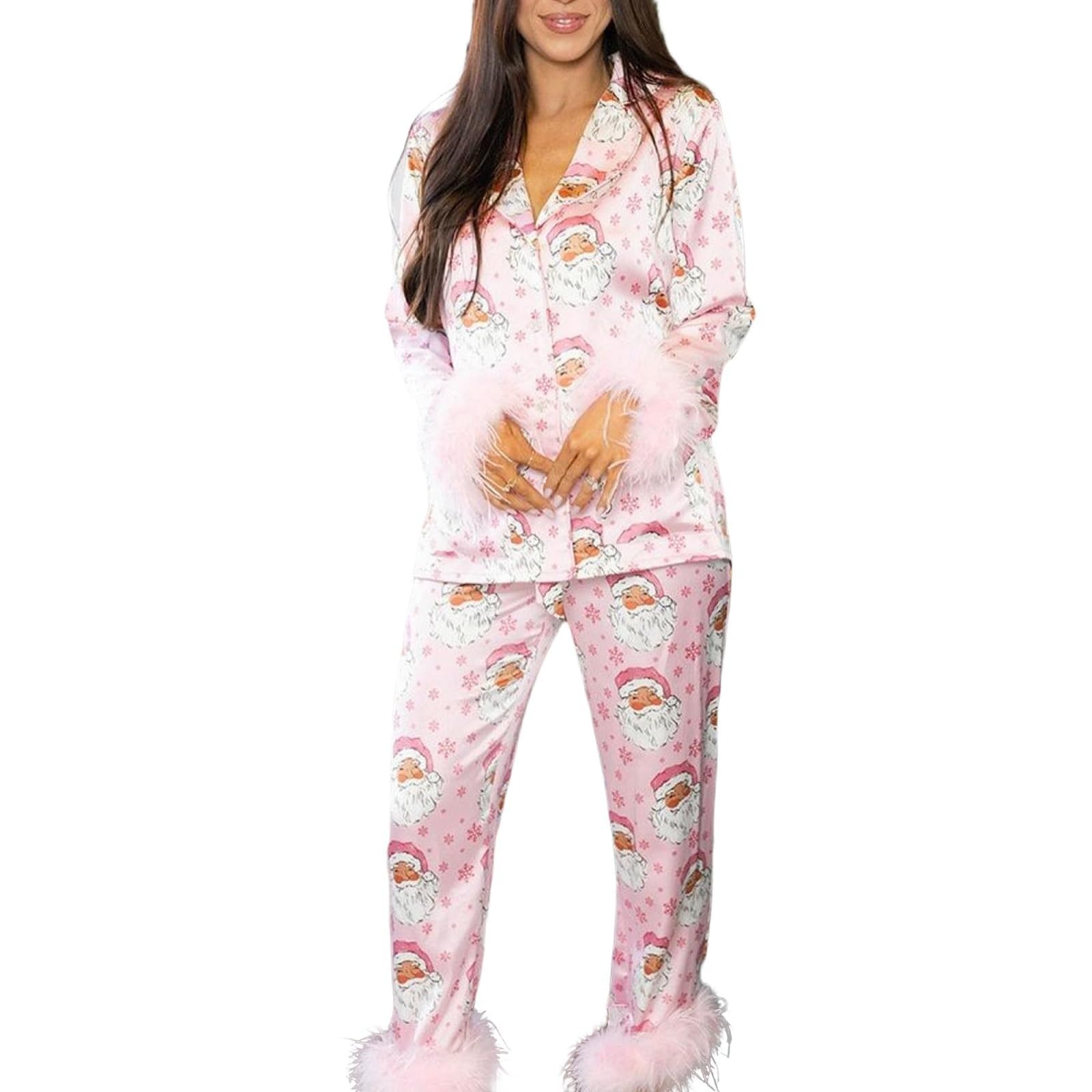 Genérico Pijama Mujer Largo - Conjuntos navideños Mujer Camisa y pantalón en Franela Cuello Muesca Estampado escocés Dormir en Dos Piezas Manga Larga