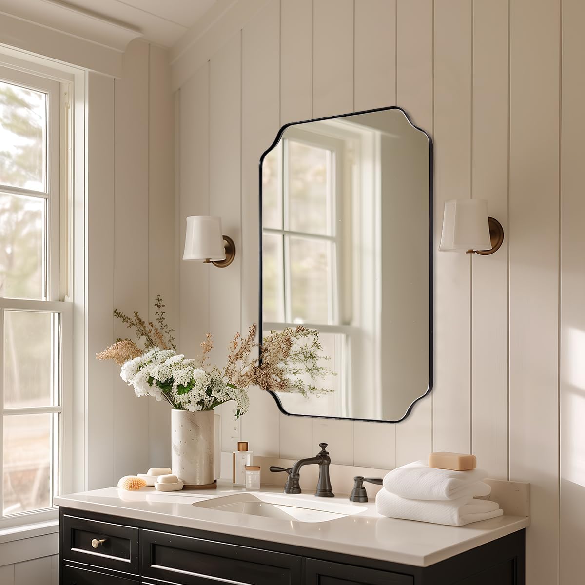 Black Bathroom Mirrors for Over Sink, 24x36 Scalloped Mirror for Bathroom, Notched Corner Rectangle Mirror in 1’’ Stainless Steel Metal Frame Home Remodel Wall Mount Vertical/Horizontal