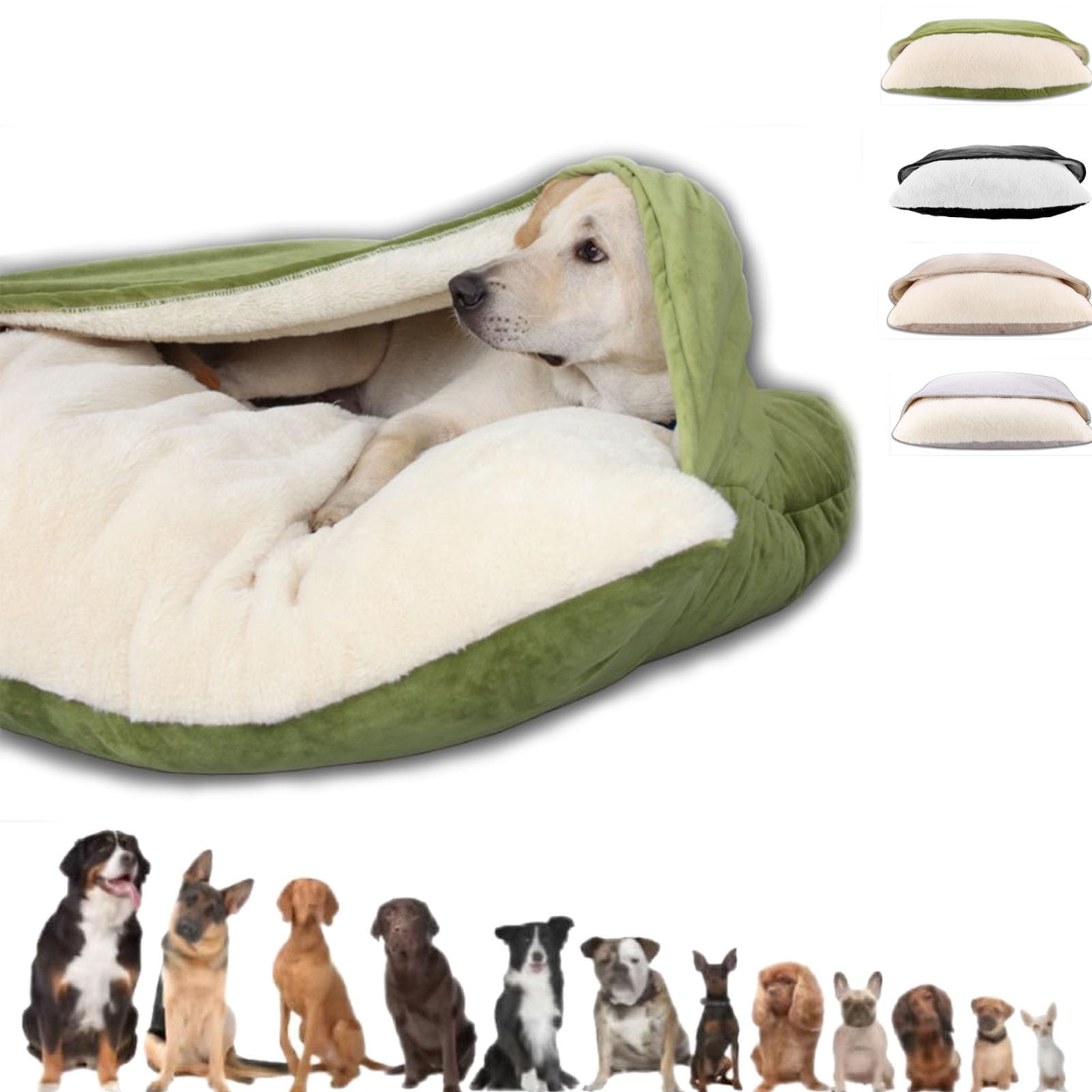 Sno-ozies Snuggles Burrows Bed, Removable Covered Burrow Dog Bed, Dog Calming Blanket, Cozy Nest Style Deeper Sleep for Dogs and Cats, Cottons Linen Surface and Plush Surface Optional (Green,M)