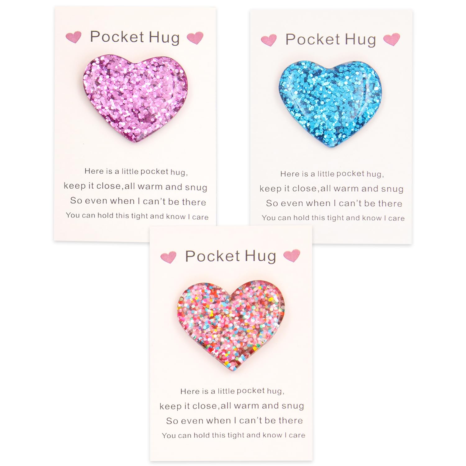ELNX 3 Pcs Pocket Hugs | Heart Pocket Hug Gift for Friends Children Back to School Gifts Girls Positive Good Luck for Birthday Christmas Valentines Day Birthday(Purple, Blue, Colorful)