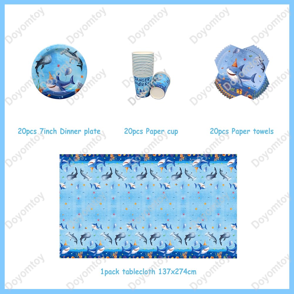 Stoviglie per Feste Squalo,Doyomtoy Animali Oceanici Compleanno Squali Decorazioni Ocean Sea Piatti di Compleanno, Tazze, Tovaglioli per Bambini Compleanno Favors 20 Ospiti