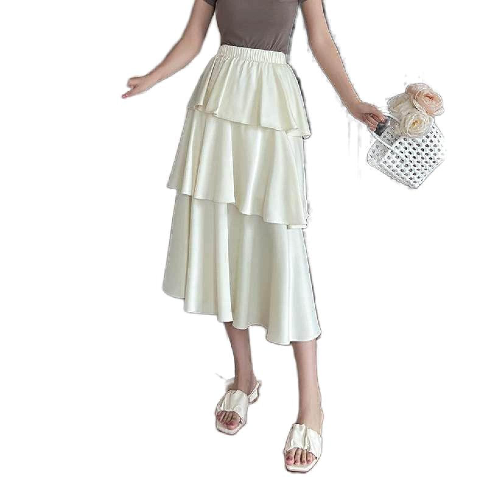 Jupe De Gâteau en Satin De Fibre De Vinaigre Taille Haute pour Femme - Jupe Mi-Longue Taille Élastique De Couleur Unie Polyvalente D'Été Petite Jupe À Volants Irréguliers Jupe Longue Lig