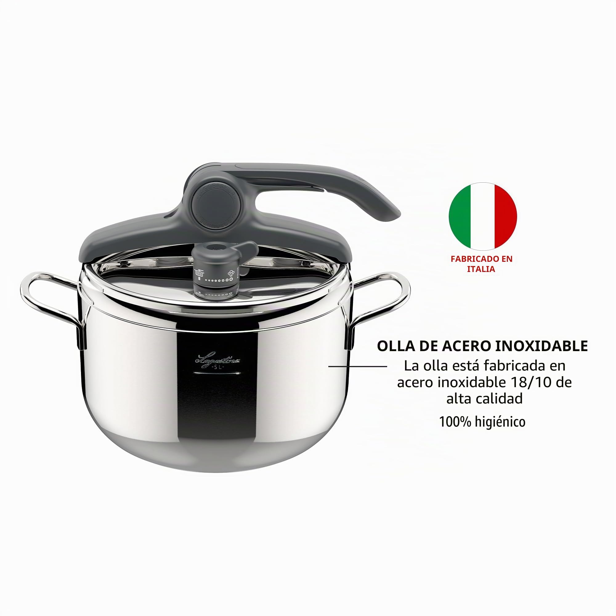 Lagostina Irradial Control Lagoeasy'UP Olla a Presión 5 L en Acero Inoxidable 18/10 Ø 22 cm, Olla Inducción y Gas, Apertura Fácil de la Tapa, Base de Triple Capa Irradial Plus