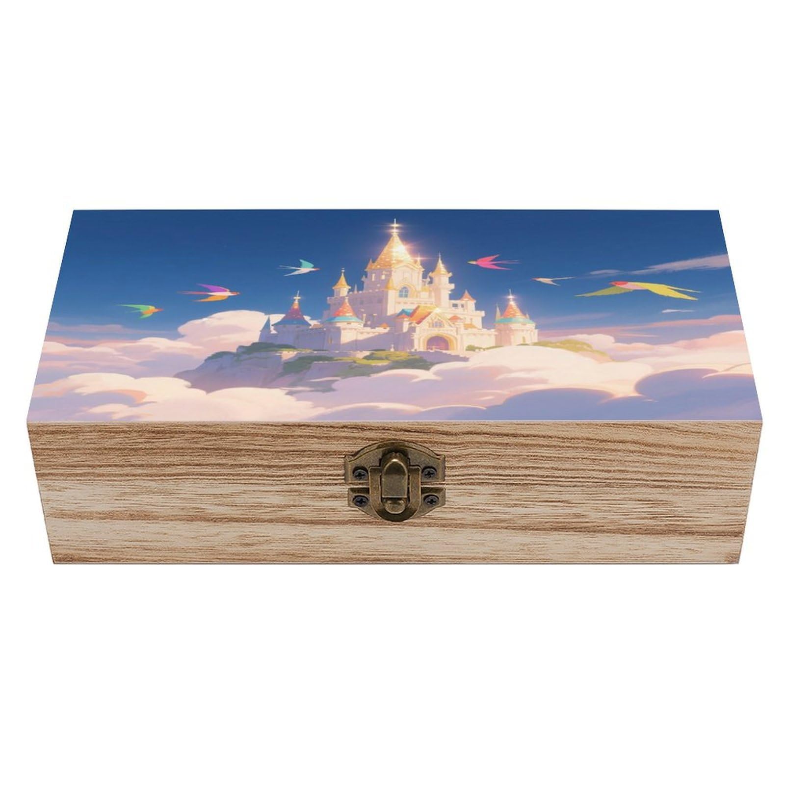 VstaDank Cloud Castle in The Sky Wooden Storage Box Vintage Style Wooden Storage Case with A Hinged Lid Memory Treasure Boxes Decorative Jewelny Photos for Organizer 7.9 * 3.7 * 2.3 Inch