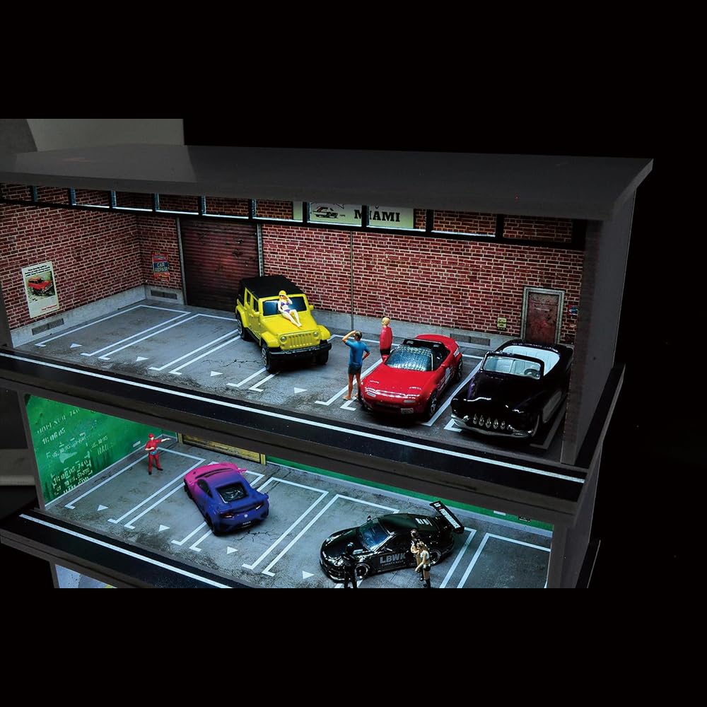 Display Case für Hot Wheels, Diorama 1/64 Skala Auto Garage Modell mit LED-Lichtern und Acrylabdeckung, Stapelbares Auto Parkplatz Modell, Diecast Auto Display Case (Miami)