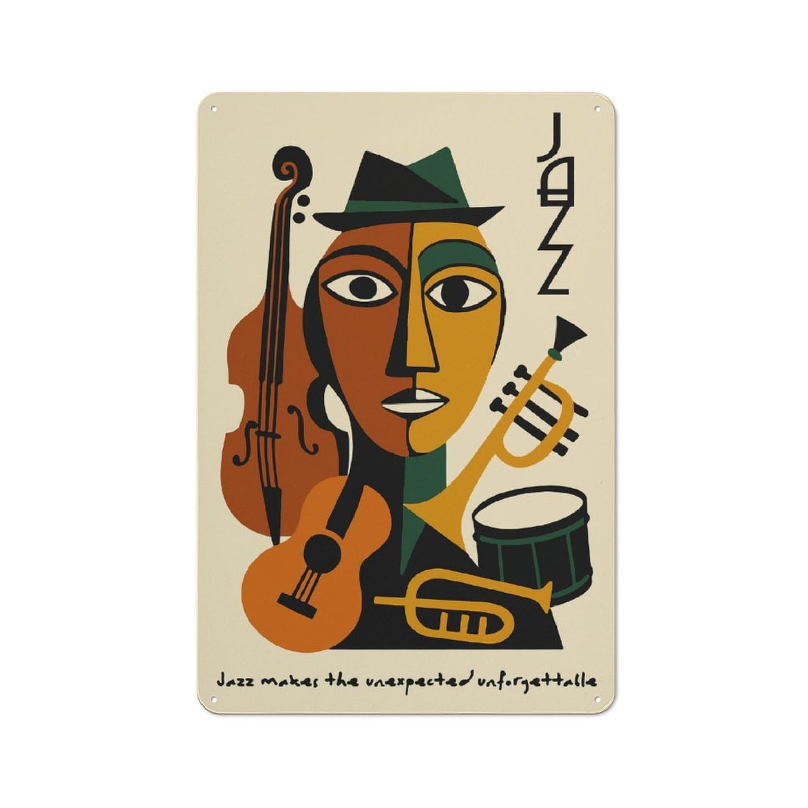 Junmoney Style-9 Abstract Jazz Musician With Instruments Distressed Look Metal Wall Decor 30X20cm, Vintage Tin Sign For Living Room, Hallway, Kitchen Or Cafe