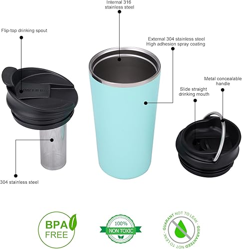 Miniatura 7 de GiNT Jarra térmica de café de 34 onzas + vaso aislado de 17 onzas, taza de té de viaje con tapa deslizante y tapa abatible con filtro (verde)