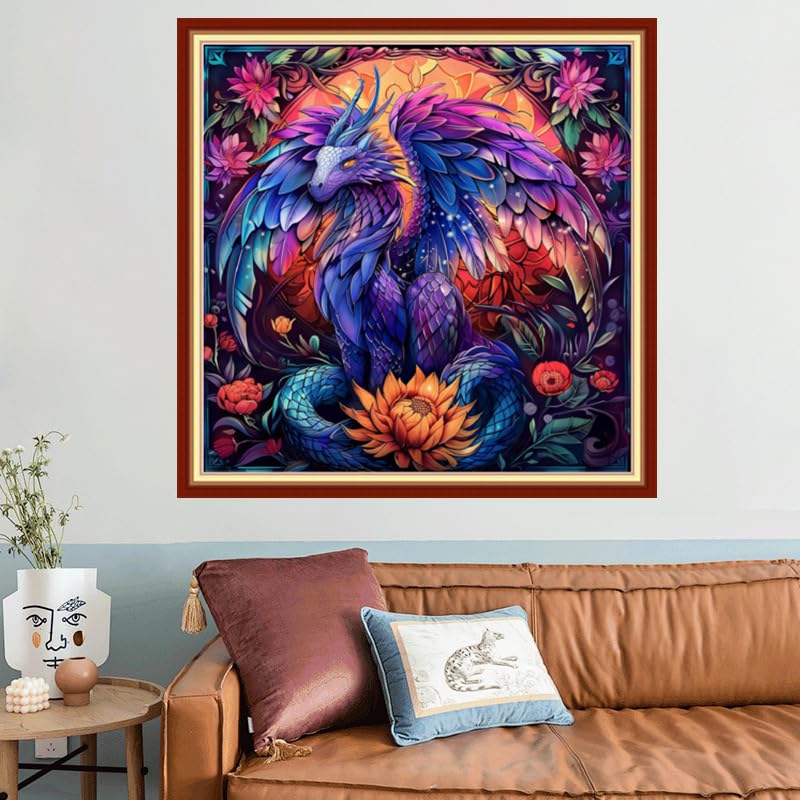 Image of Joyhoor Stamped Cross Stitch Kits for Beginners, Needlepoint Kits for Adults, 11CT Counted Embroidery Kits-Magic Dragon 18x18 inchs