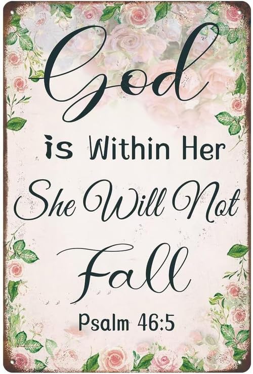 Horienteeon God is Within Her She Will Not Fall Sign Psalm 46:5 Christian Metal Sign Gifts Bible Verse Wall Art Inspirational Decor for Home Bathroom Decoration 20x30cm Aluminum