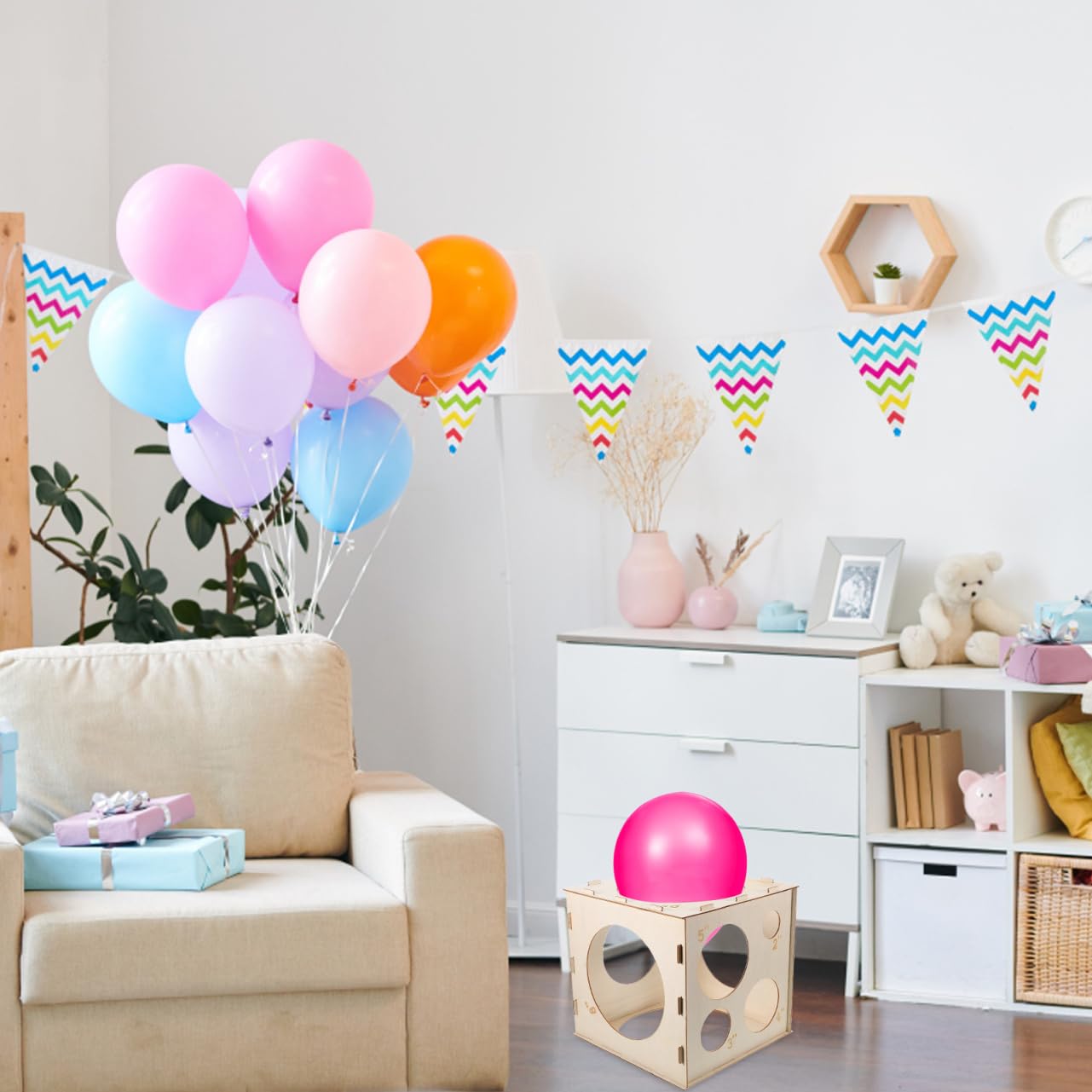 Scatola di Misurazione 9 Fori ad Alta Precisione per Palloncini Pieghevole Cubo Compatto in Legno per Decorazioni di Eventi e Feste