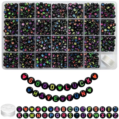 Image of Amaney 1400pcs Colorful Letter Beads Round Alphabet A-Z Heart 4x7mm Black Acrylic Beads and Crystal Line for Jewelry Making