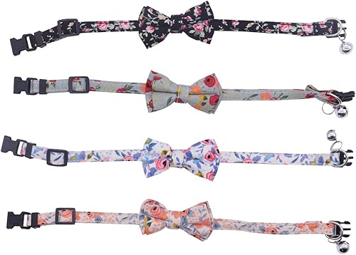 Miniatura 6 de Collares de gato de flores con lazos, 4 collares florales para gatos con bonito lazo y campanas, collares ajustables para cachorros, perros pequeños