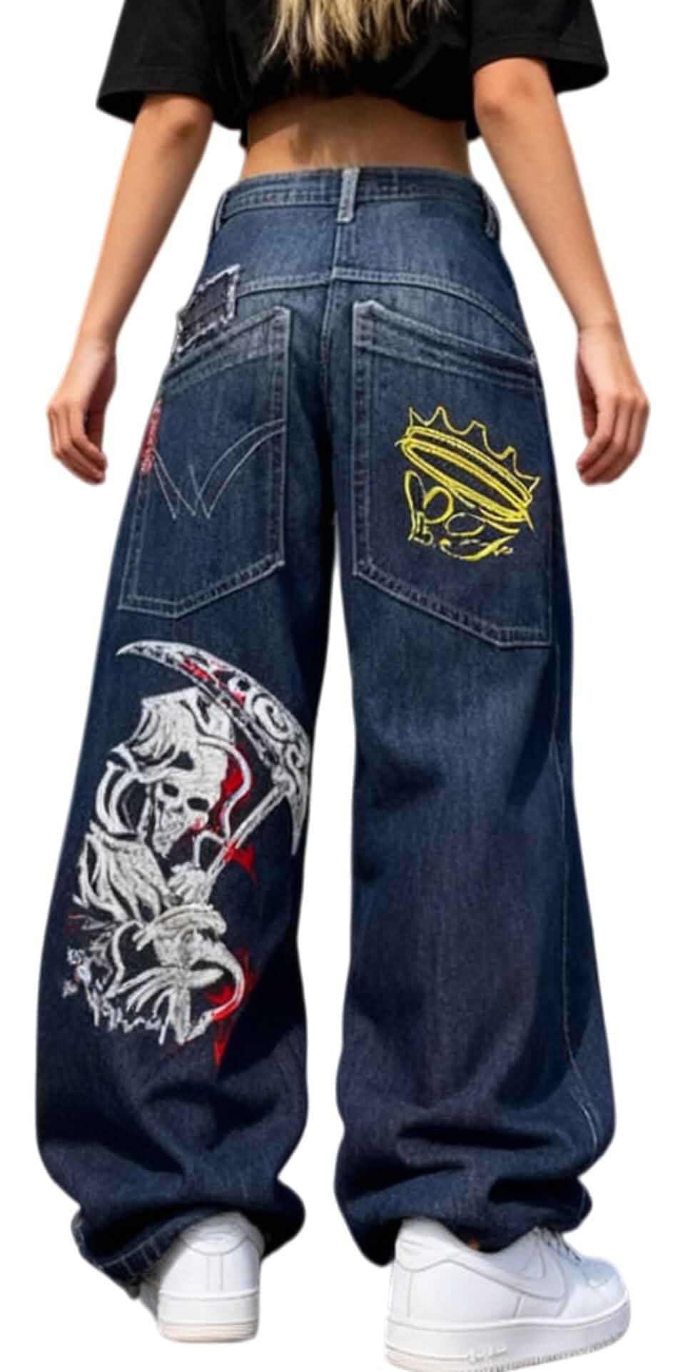 Unisex Y2K Hip Hop Baggy Wide Leg Jeans Skeleton Tiger Dragon Print Vintage Vintage Y2K baggy jeans with skeleton, tiger or dragon prints, featuring a relaxed wide leg fit for everyday hip hop style.