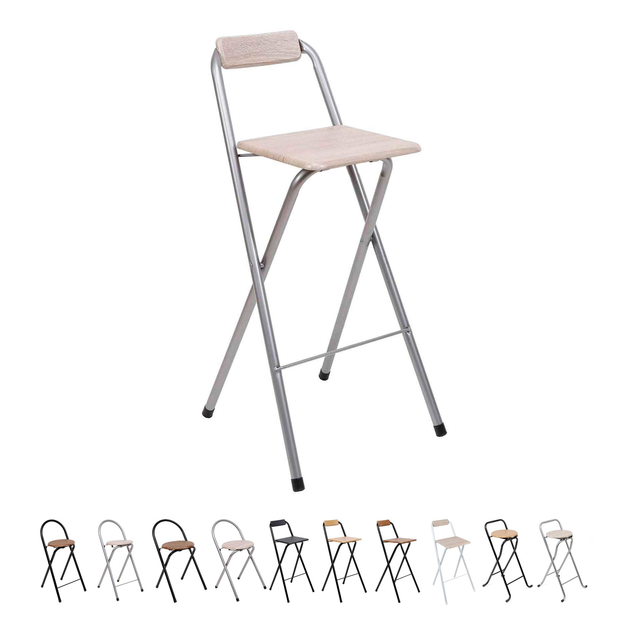 THE SECRET HOME Taburete Plegable con Respaldo - Silla Plegable de Metal y Madera - Ideal para Cocina, Terraza o Jardín (Alto. 99 cm x Largo. 49 cm - Madera Clara)