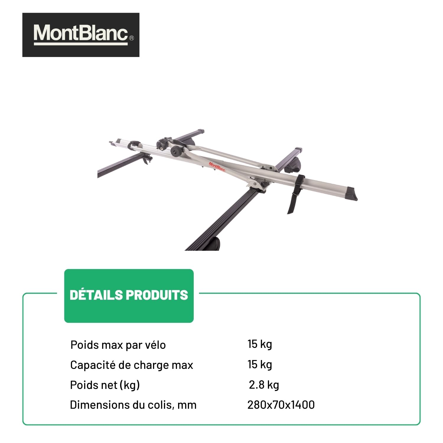 Mont Blanc Porte-vélo de Toit Roof Ride XXL Acier - 1 Vélo, Charge 15 kg | Support vélo sur barres de toit, universel (barres acier/alu). 1 vélo, charge 15 kg, verrouillage intégré.