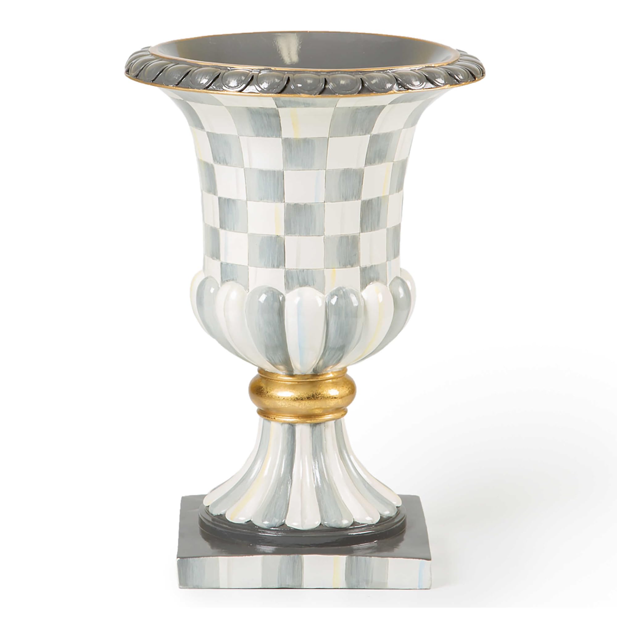 MACKENZIE-CHILDS Pedestal Tabletop Urn, Decorative Centerpiece for Table, Mantel, or Shelf, Tall, Gray-and-White Sterling Check