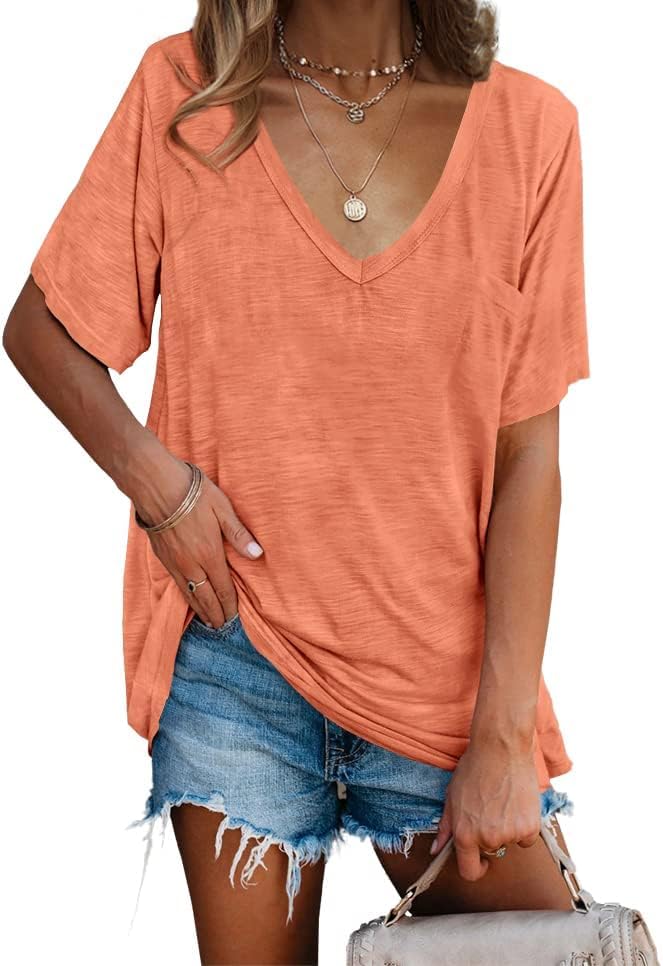 imesrun Womens V Neck Tshirts Short Sleeve Loose Casual Summer Tops with Pokcet - Image 2