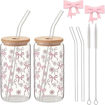 DAYUMKOU Set of 2 Cute Pink Bow Glass Cup, 16oz Borosilicate Glass Cups with Lids, Reusable Straws, Dust Covers and Cleaning Brushes Set for Home Party Cafe Coffee Juice Gifts