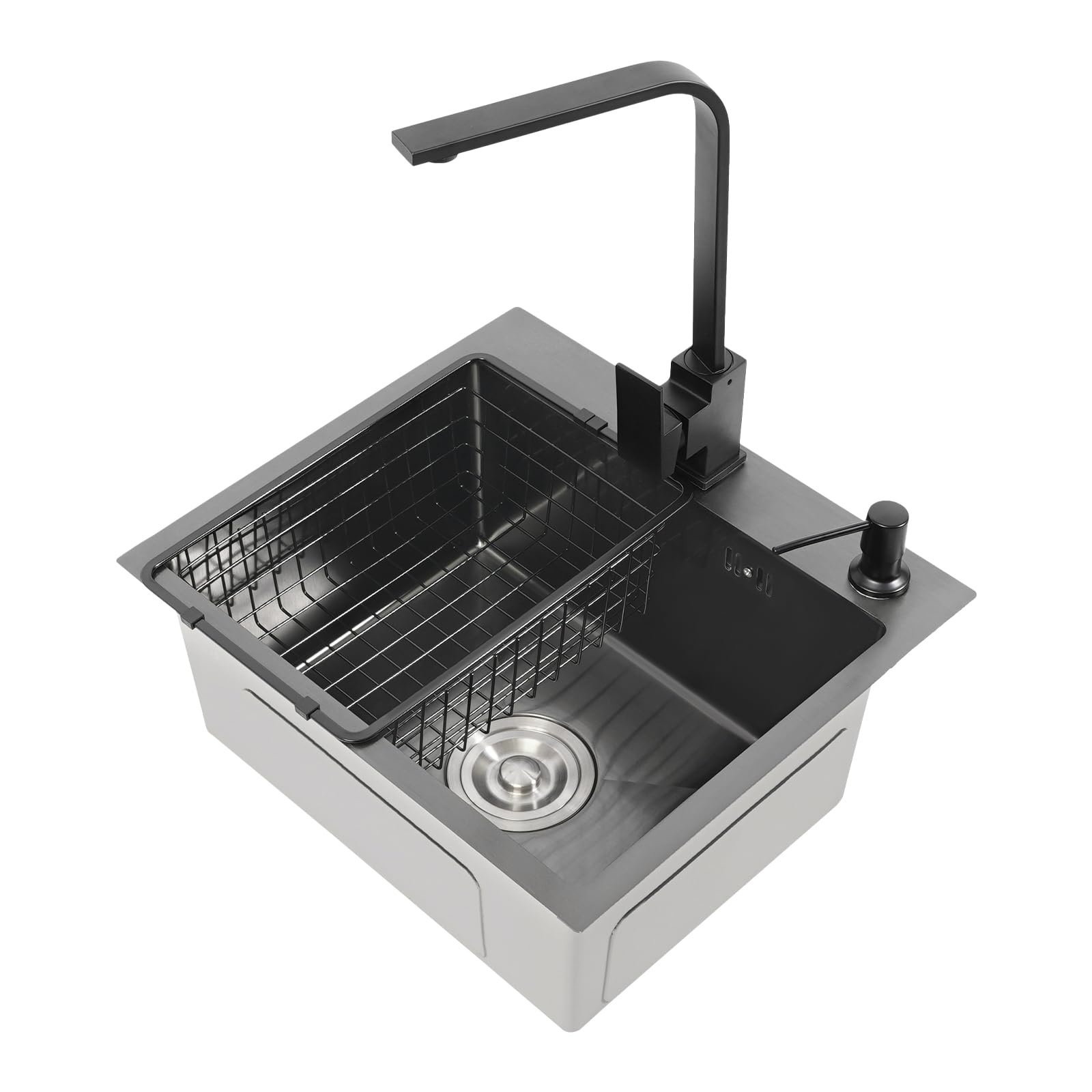 Zwarte RVS Inbouw Spoelbak 45 × 40 cm met Afvoer en Zeepdispenser