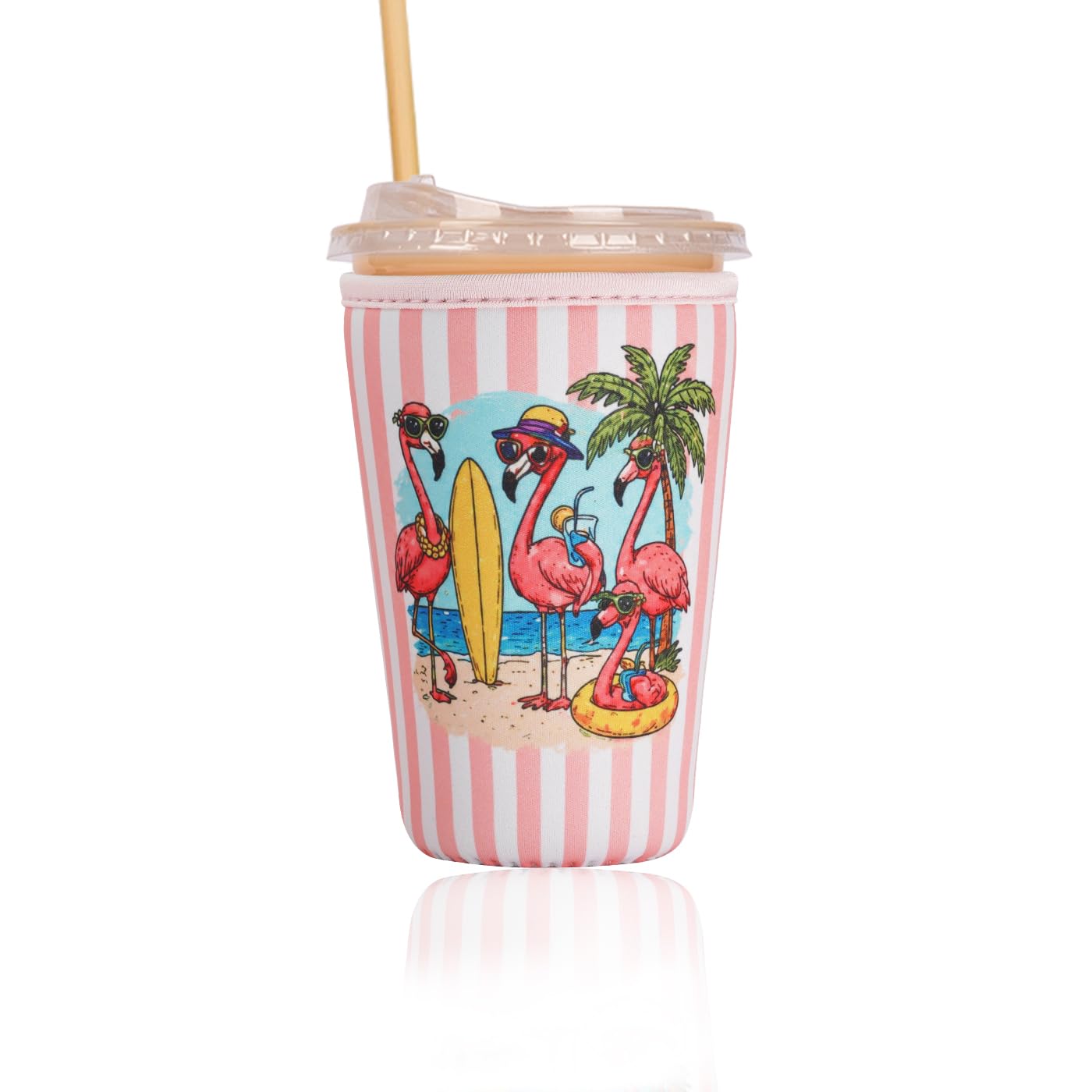 Reusable Insulated Sleeve for Iced Coffee Cup, Coffee Neoprene Sleeve for Cold &amp; Hot Drinks, Beverage Holder for Iced Coffee (Flamingo Stripes, Medium: 22-24oz)