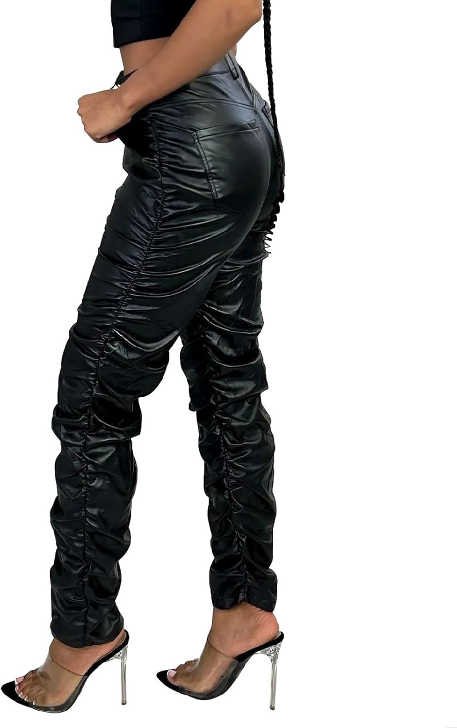 hibshaby Stretchy Faux Leather High Waist Pants for Women, Stacked Leggings Trendy High Waist Trousers Black - Image 2