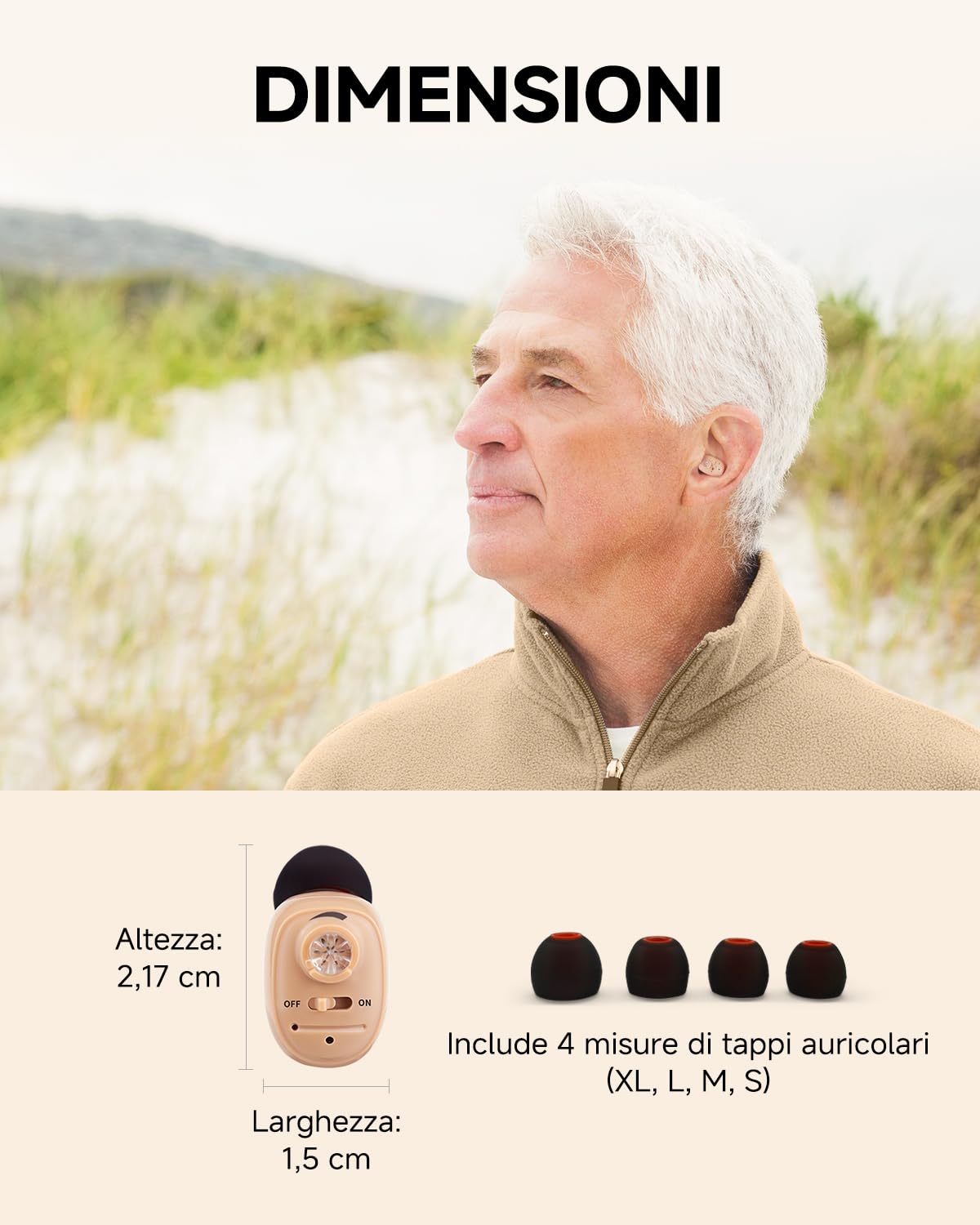 Britzgo Amplificatore Acustico VHP-1607 con Riduzione Intelligente del Rumore, Custodia di Ricarica Portatile, Design Ergonomico a L, Autonomia fino a 48 Ore e Ricarica USB (Beige)