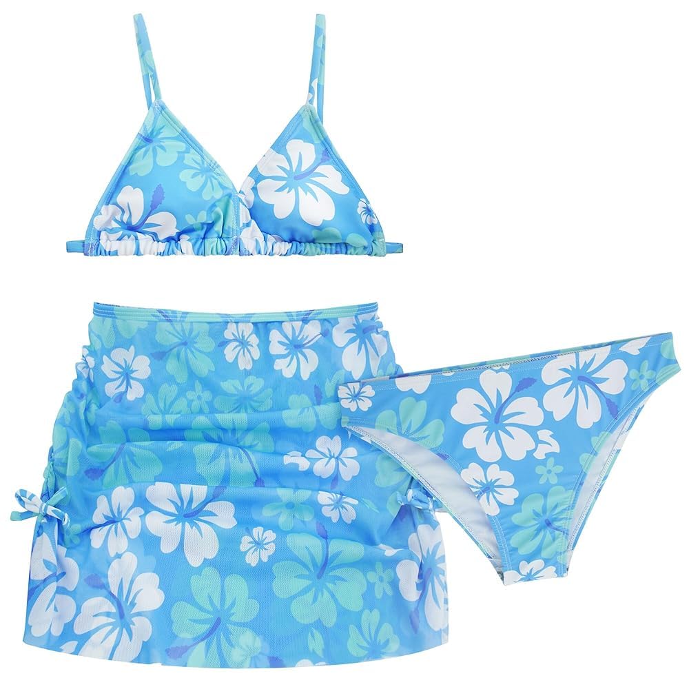 AIEOE Conjunto de 3 trajes de baño con falda para niñas de 8 a 14 años, bikini con estampado floral