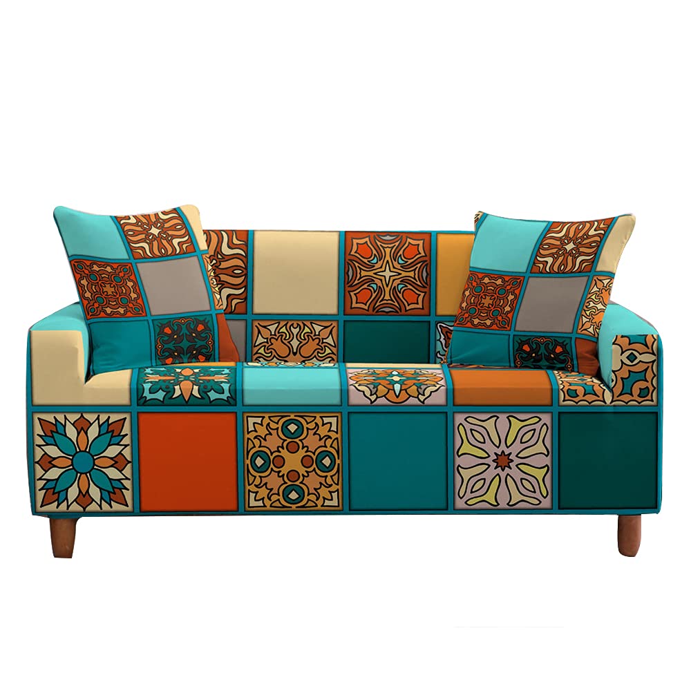 Fansu B Stretch Sofa Cover Exotic Ohemia Patchwork Printed Slipcover, Universal Settee Loveseat Couch Cover Home Decor, Soft Removable Washable Pet Furniture Protector (,2 Seater)