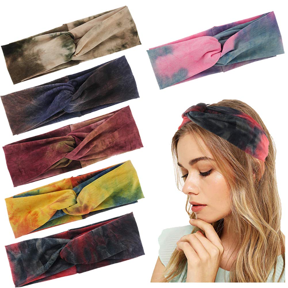 Yeshan Tie Dye Knotted Headbands for Women with Vintage Sport Athletic Travel Criss Cross Cute Turban Twist Headbands Head Wraps,Pack of 6