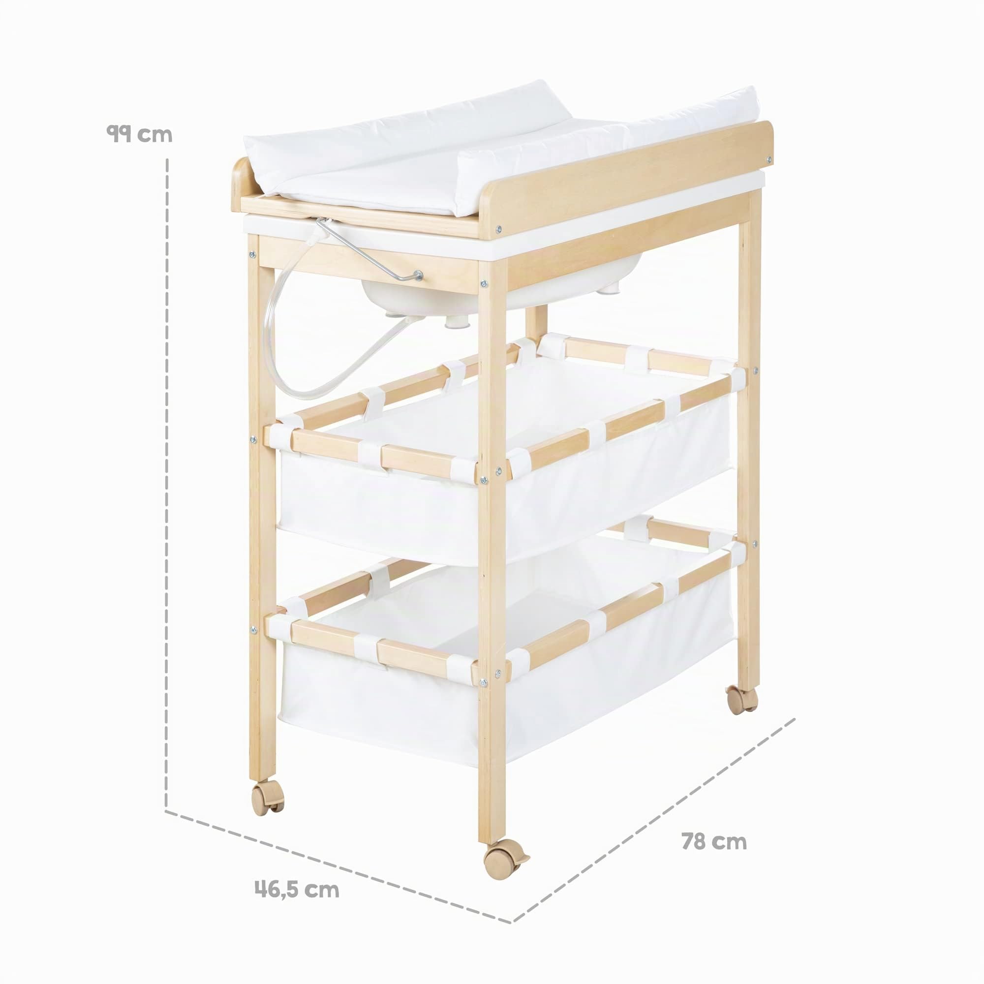 roba Mueble Cambiador con Bañera Plegable 2 en 1 + Colchón Blanco Acolchado / Impermeable + 2 Compartimentos, para Bebés desde el Nacimiento, Madera Natural