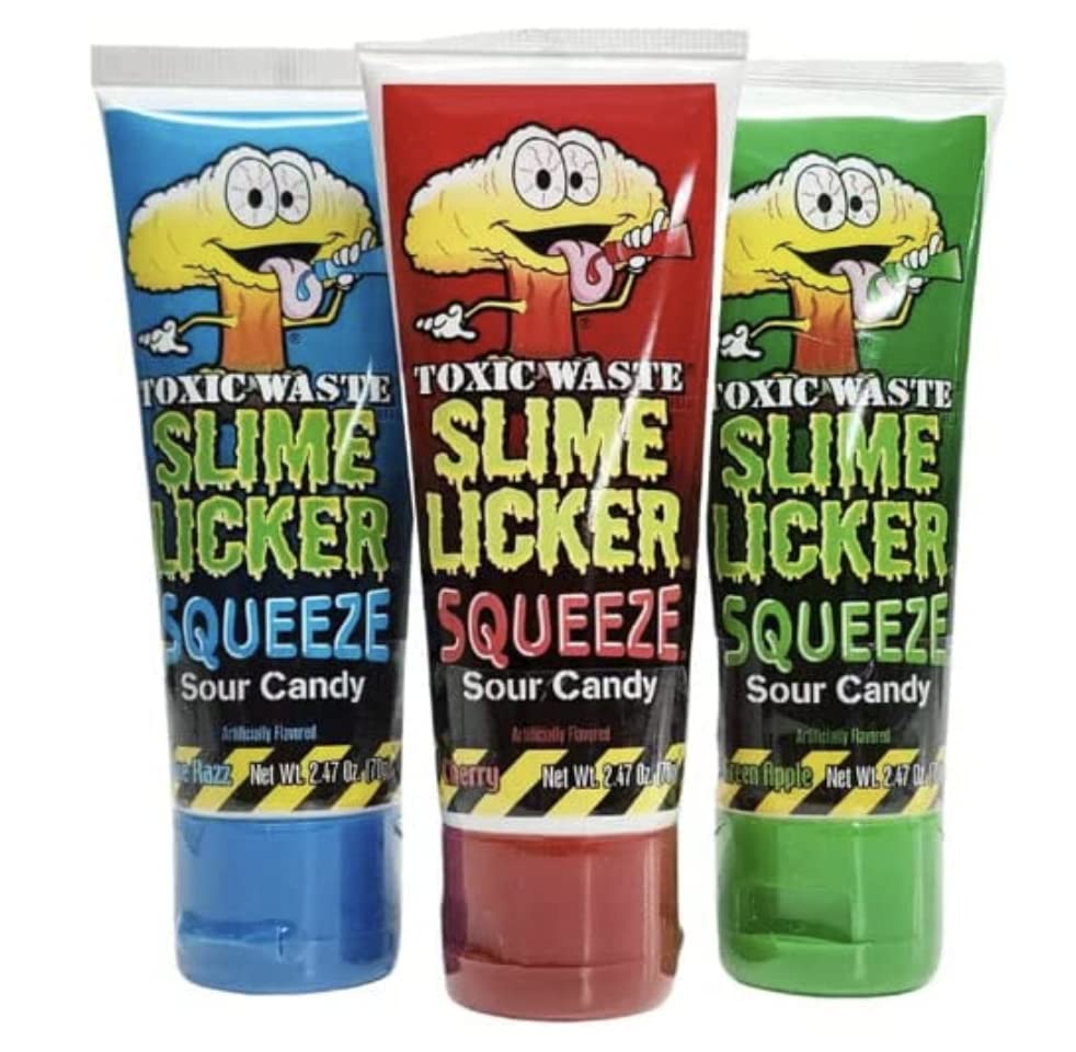 Vista 3 de Couger 's Toxic Waste Slyme Licker Sour Squeeze Candy (paquete de 3) (manzana verde, Razz azul y cereza)
