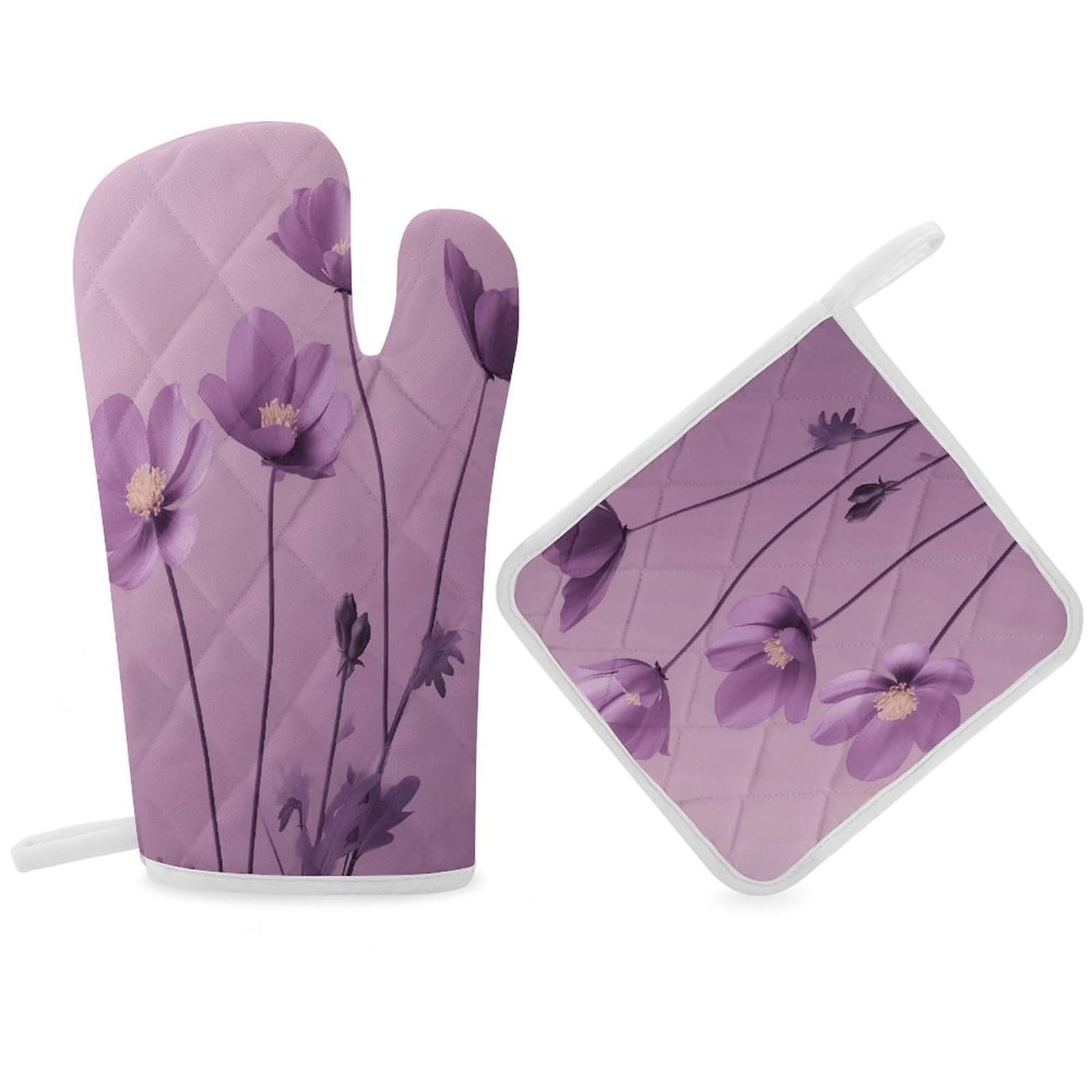 Fodpand Women's Style Flowers On Purple Background Oven Mitts And Pot Holders Sets,Oven Gloves For Kitchen Oven Mitts And Potholders For Baking Cooking Grilling Apartment Essentials