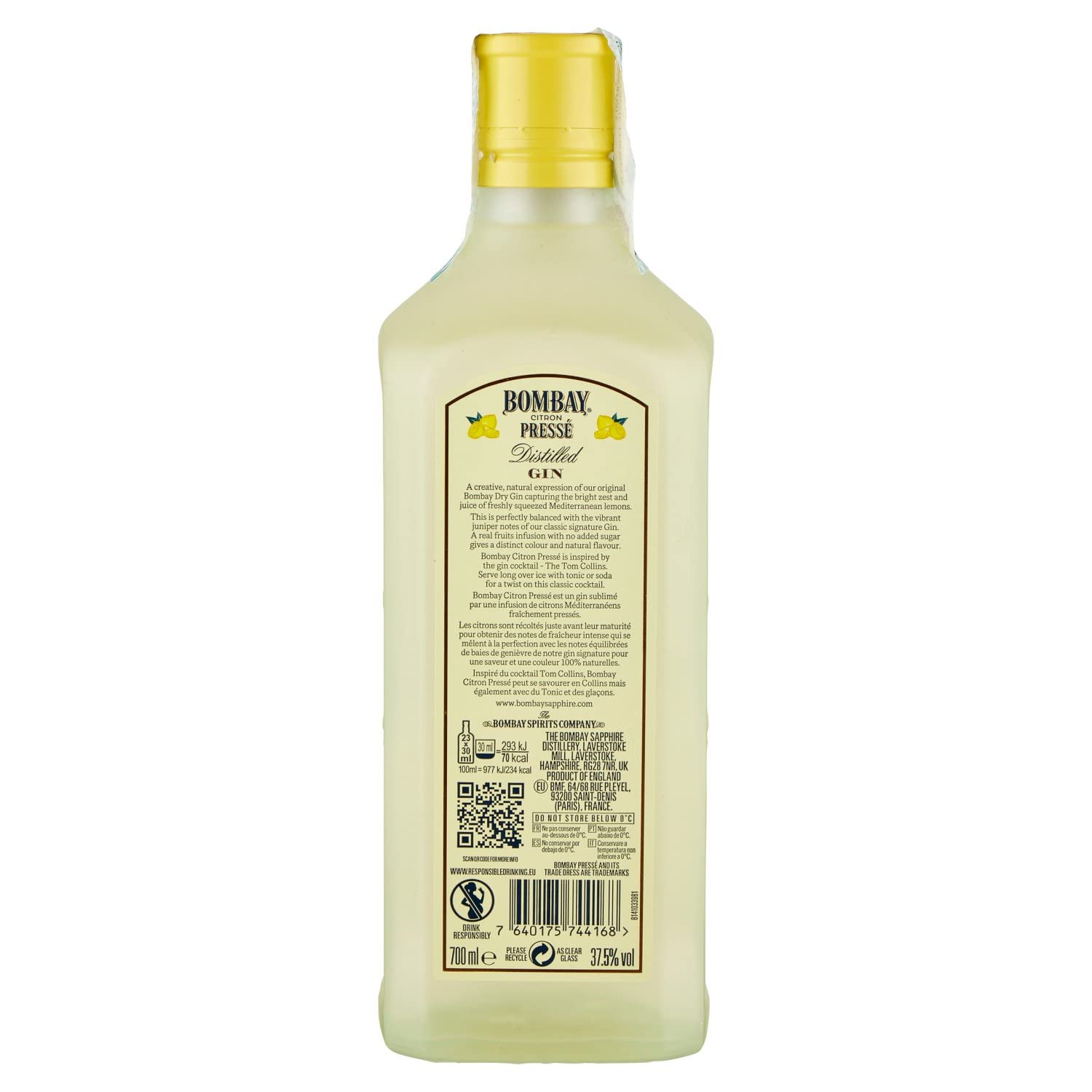 Bombay Citron Pressé Premium Distilled Lemon Flavoured Gin, 37,5% vol., 70 cl, Infusé à la Vapeur avec les Meilleurs Citrons de Méditerranée, 700 ml (Lot de 3)