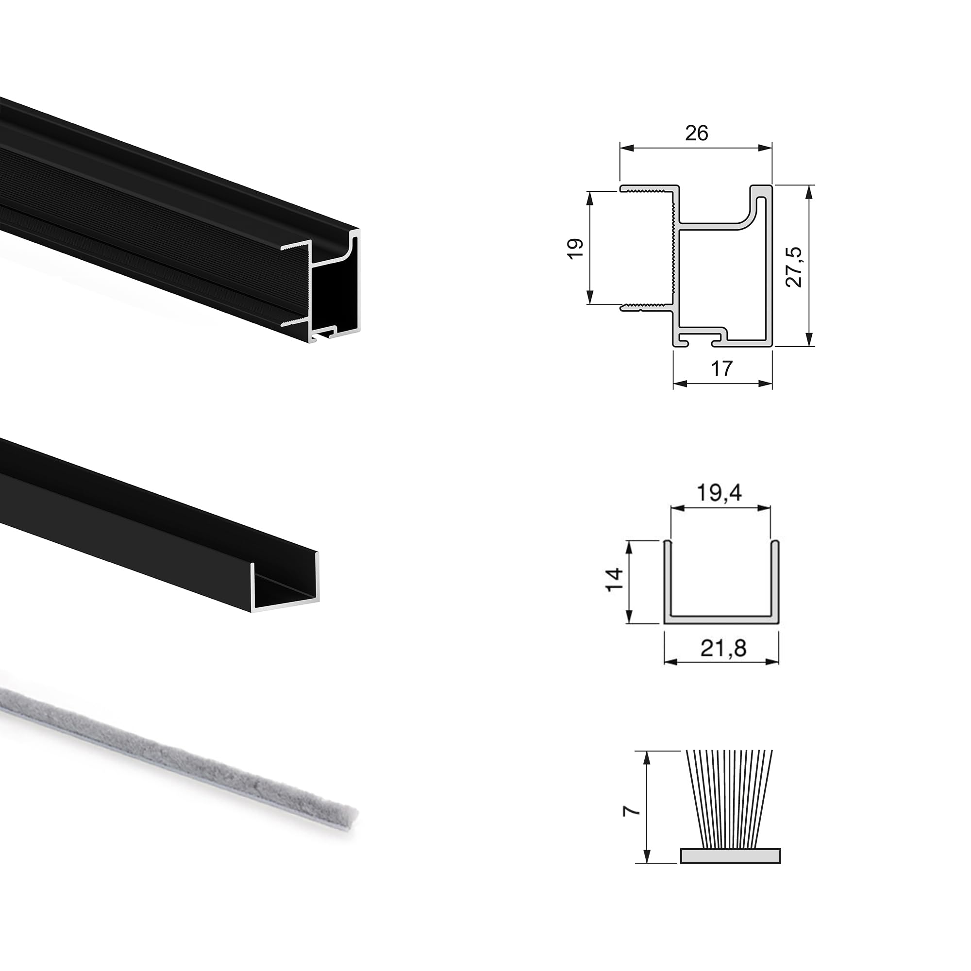 Emuca - Sistema corredero para armario de 2 puertas con perfil tirador Sharp, espesor 19 mm, cierre suave, tableros no incluidos, Negro