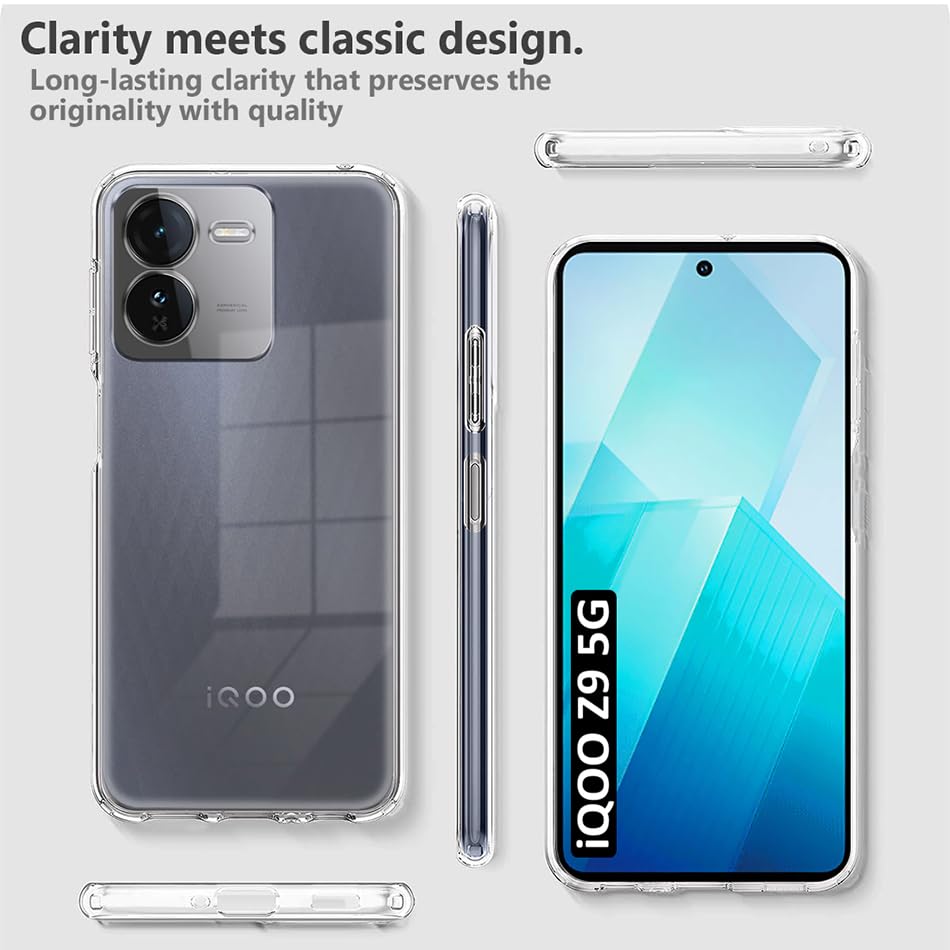 Image of Fashionury Crystal Clear Case for iQOO Z9 5G | Yellowing Resistance | Transparent TPU Silicone | Raised Camera Lips | Slim Transparent Cover