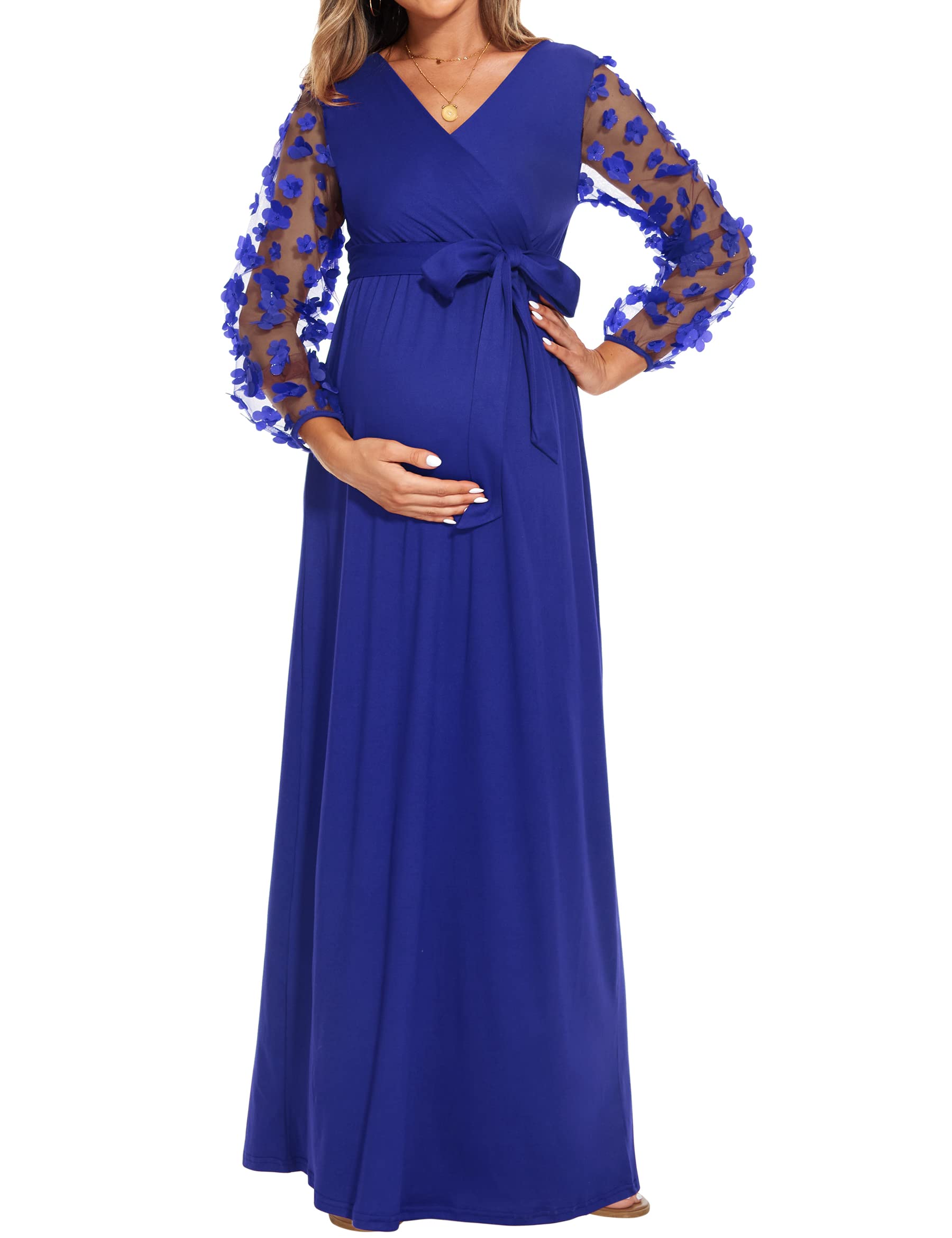 Mesh Floral Puff Sleeves Maternity Dress, Maternity Maxi Dress for Baby Shower Photoshoot