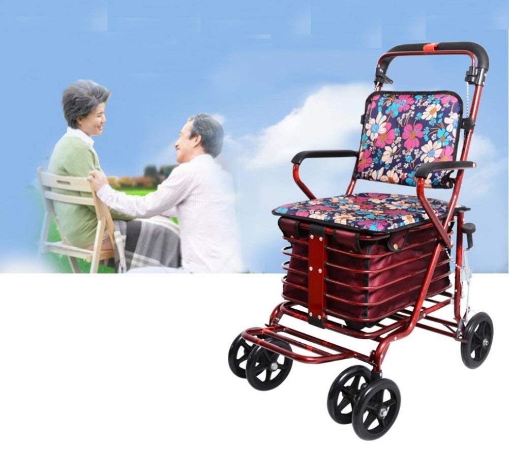 Andadores con ruedas Tubo de acero liviano Plegable con cuatro ruedas Andador con ruedas Altura ajustable con asiento acolchado Cesta de transporte y frenos que se pueden ubicar Peso del rodamiento: