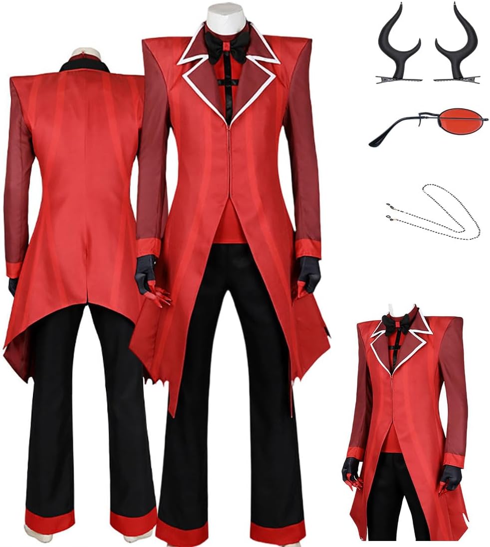 Men Alaastor Cosplay Shirt Jacket Pants Gloves Demon Uniform Red Gothic Hell Hotel Tailcoat Wig for Halloween