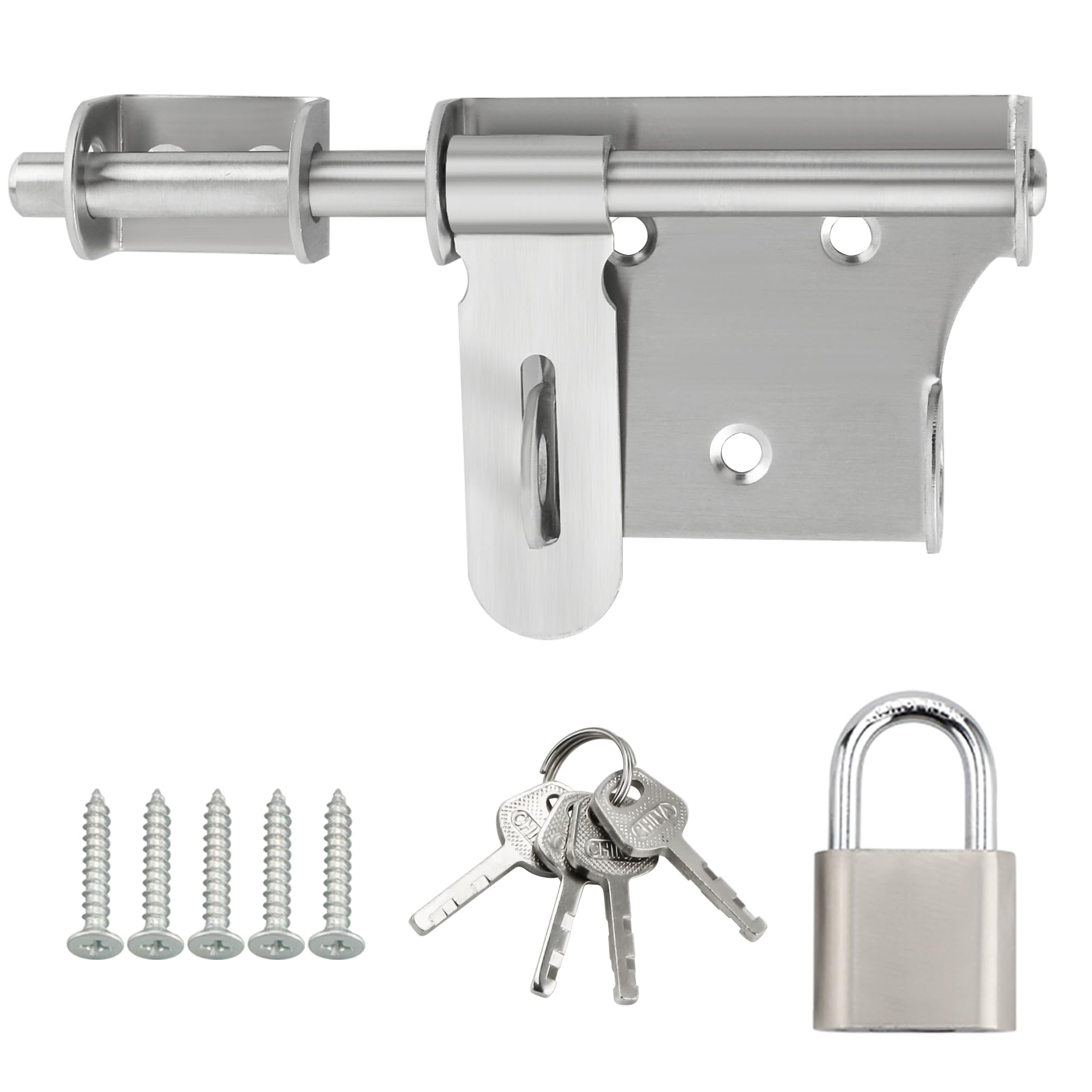 SAYAYO Gate Lock Bolt with Padlock & 4 Keys for Wooden Gates Heavy Duty Shed Locks Latch 6-Inch Stainless Steel Brushed Nickel
