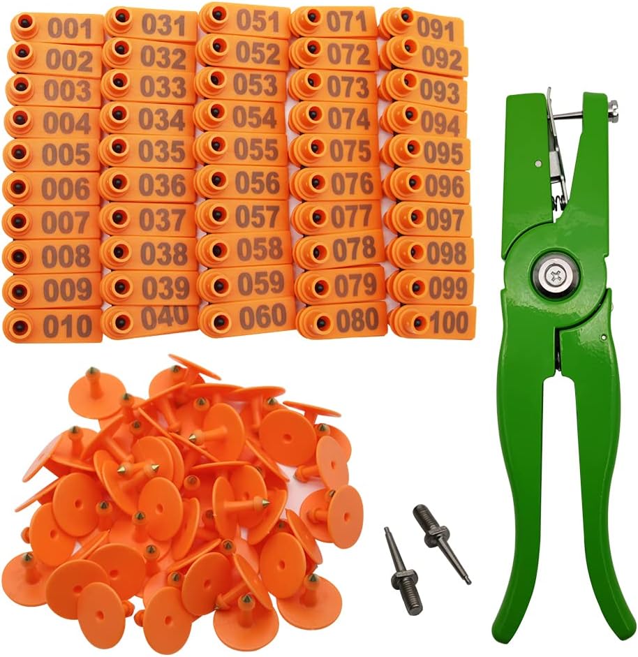 Etiqueta de oreja de oveja 001-100, etiquetas de plástico para ganado, cabra con aplicador de punzón, herramientas de alicates y 2 pines de etiqueta