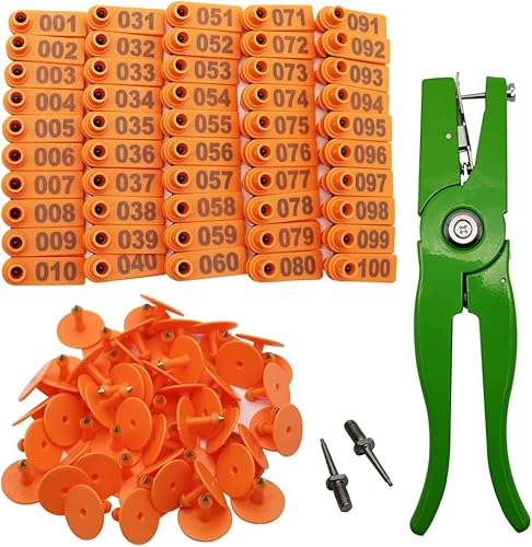 Etiqueta de oreja de oveja 001-100, etiquetas de plástico para ganado, cabra con aplicador de punzón, herramientas de alicates y 2 pines de etiqueta