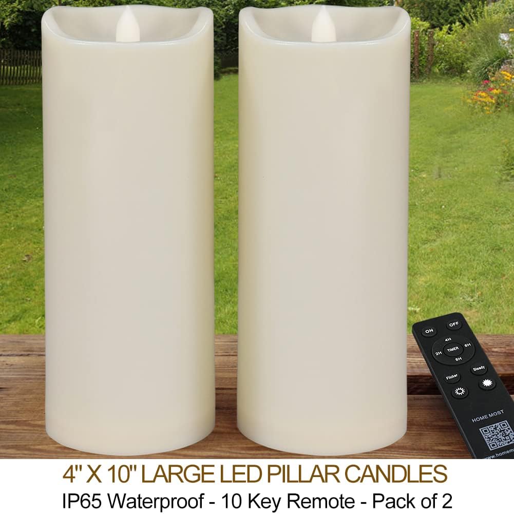 Pack of 2 Large Ivory LED Candles Outdoor 4x10 - Unscented IP65 Waterproof Battery Powered Flameless LED Pillar Candles with Remote Timer - Oblique Edge Battery Flameless Candles Flickering