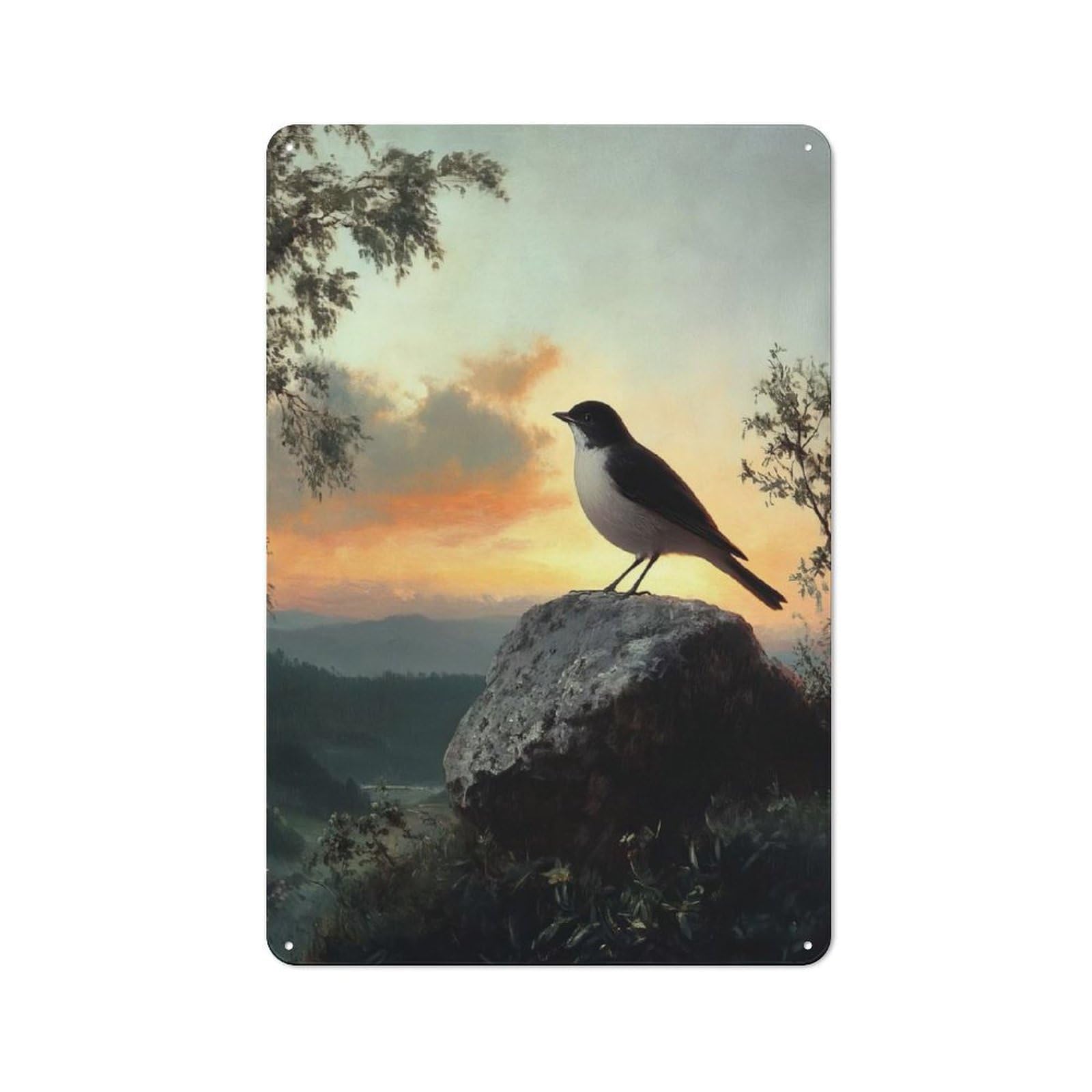 For Living Room Or Hallway, Bird on A Rock at Sunset Retro Metal Plaque 30x20cm, for A Newly Furnished Living Room And Hallway